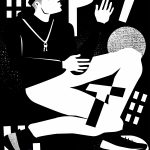 Graficzny czarno-biały plakat przedstawiający nagą klęczącą kobietę oraz mężczyznę ubranego na czarno siedzącego za nią.