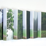 Fotografia kolorowa przedstawiająca obiekt przestrzenny. Są to blejtramy z kolorowymi fotografiami pejzaży z drzewami ustawione jak domino.