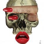 Plakat „Human rights= forced labor” na białym tle rycina przedstawiająca czaszkę. Na dole plakatu pod czaszką czerwone kobiece usta. W części czołowej czaszki oraz w oczodołach dwa palce kobiece z długimi czerwonymi paznokciami