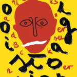 Plakat przedstawiający czerwoną głowę na żółtym tle z czerwonym i czarnym tekstem Aleksander Bruckner