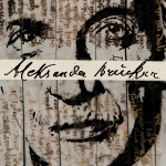 Plakat przedstawiający graficzny portret Aleksandra Bruknera z wkomponowanym w tle tekstem.